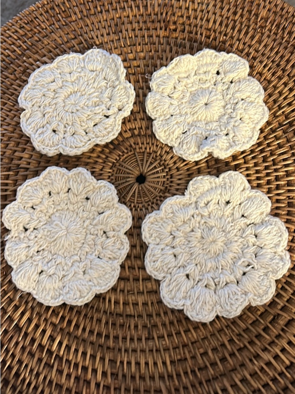 Vintage Crochet Floral Cotton Coasters - Cream (Set of 4) 3 1/2 in